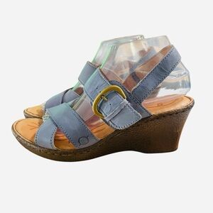 Born Wedge Sandals Womens Size 9 M Blue Leather Strappy Buckle Comfort Shoes